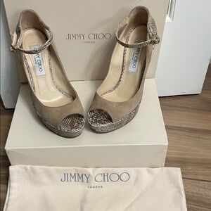 Jimmy Choo Taupe and Snakeskin Peep-Toe Heels
